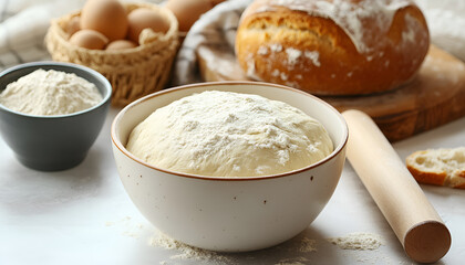 Fototapeta premium Bowl of fresh yeast dough with flour, rolling pin and fresh sourdough bread on white stone background. Baking, pastry concept