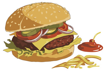 Photorealistic cheeseburger, sesame seed bun, juicy beef patty, melted cheese, fresh lettuce, ripe tomatoes, pickles, onions, ketchup, mustard, high-resolution, studio lighting, food photography, mout
