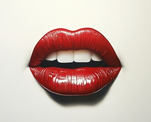 Obraz premium Bright red lips on a light background. Close-up of juicy red lips with white teeth on a light background. Perfect for advertising cosmetics, makeup, or art projects.