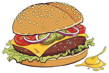 Photorealistic cheeseburger, sesame seed bun, juicy beef patty, melted cheese, fresh lettuce, ripe tomatoes, pickles, onions, ketchup, mustard, high-resolution, studio lighting, food photography, mout