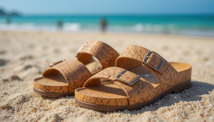 eco-friendly cork sandals placed on a sandy beach