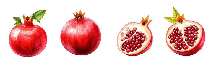 Whole and halved pomegranates with leaves on transparent background png
