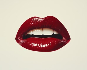 Glossy red lips on a beige background. Retro lip photography. Close-up of spectacular red lips with a shiny glossy coating reflecting light.