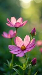 Fototapeta premium Gentle cosmos blooms sway in the gentle breeze amidst lush greenery, nature photography, cosmic flowers