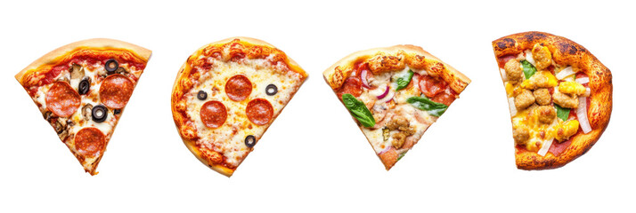 Variety of tasty pizza slices with diverse toppings on isolated transparent background png