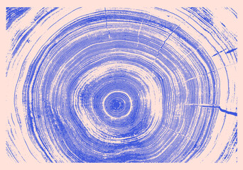 Monotone pink and blue botanical tree rings of end grain of wood slab. Growth rings art with texture and cracked surface.