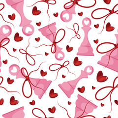 valentines day seamless pattern with chess pieces namely pink pawn with red bow and red hearts, for patterns, textile or packaging