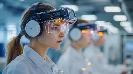 In a modern laboratory, a group of researchers is engaged in virtual reality exploration, wearing high-tech headsets and focused on their tasks. Bright lights enhance the atmosphere.