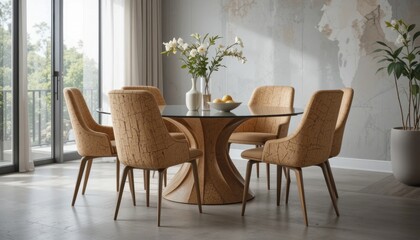 set of cork dining chairs arranged around a contemporary table