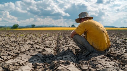 A farmer examining parched soil in his field during a drought, highlighting the impact on agriculture.