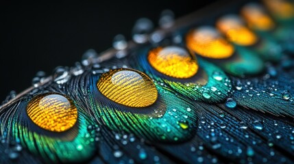 Close-up peacock feather with water droplets, vibrant colors, dark background. Use Nature, macro photography