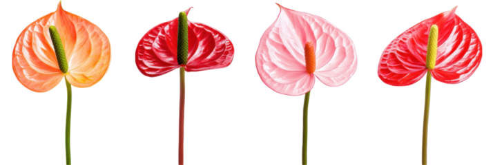 Variety of anthurium flowers in vibrant red, pink, and orange hues isolated on transparent background png