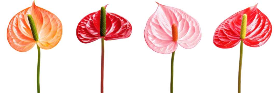 Variety of anthurium flowers in vibrant red, pink, and orange hues isolated on transparent background png