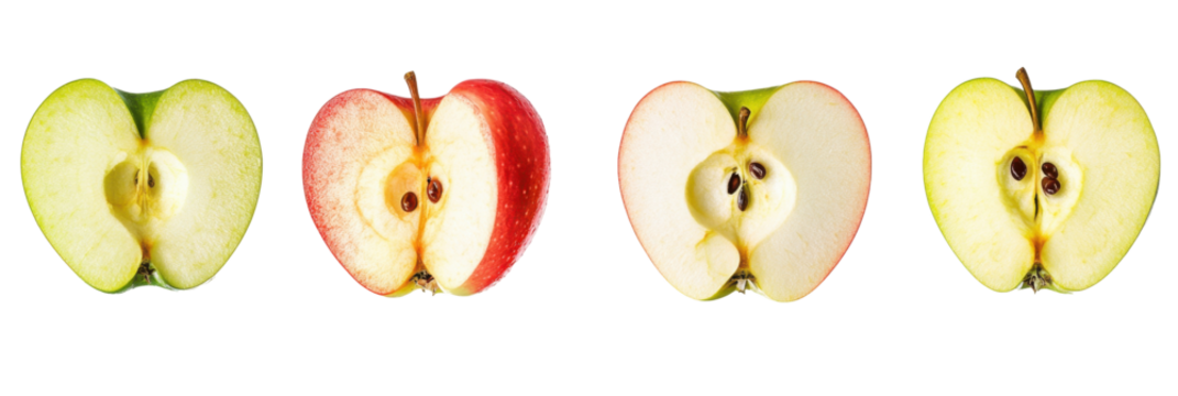 Variety of apple halves: green and red apples displayed on a transparent background png