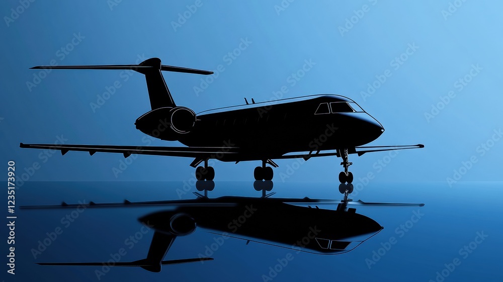 Fototapete silhouette of an airplane in a serene setting at twilight with reflecting ground. generative ai