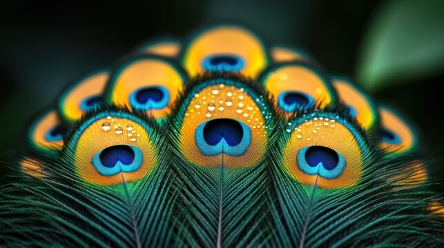 Close-up peacock feathers, vibrant colors, water droplets, lush background
