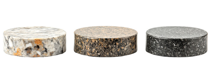 Three varied marble pedestals displaying different textures and colors png