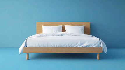 Obraz premium Minimalist Wooden Bed with White Bedding Against a Blue Wall in a Modern Interior