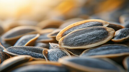 Close-up sunflower seeds, golden light, outdoors.  Possible use healthy snack