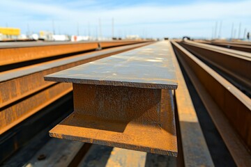 Obraz premium Steel beams at a construction site, essential for structural support and architectural framework.