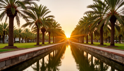 Golden sunset over tranquil canal lined with date palms, serene beauty