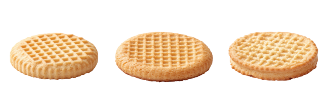 Three plain waffle patterned cookies against transparent background png
