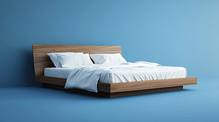Minimalist Wooden Bed with White Bedding Against a Blue Wall in a Modern Interior
