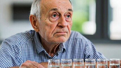 Elderly man observing multiple glasses of water during a thoughtful moment in a bright indoor space