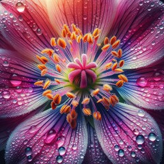 Obraz premium Close-up of a blooming flower with dew drops, high-detail macro photography