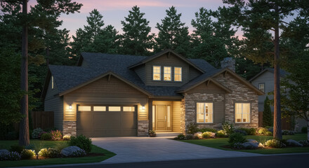 Naklejka premium A modern suburban house with a pitched roof and stone clad accents set in a peaceful residential neighborhood