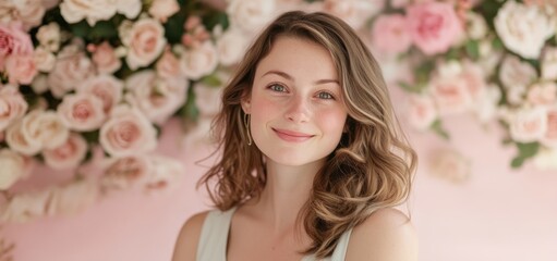 Fototapeta premium Beautiful Woman Portrait with Pink Roses Background