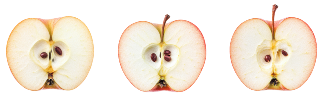 Three halved apples with seeds displaying symmetry on transparent background png