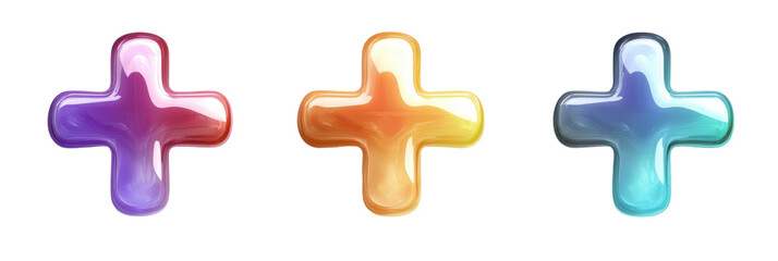 Obraz premium Three colorful glossy plus signs in gradient shades on transparent background png
