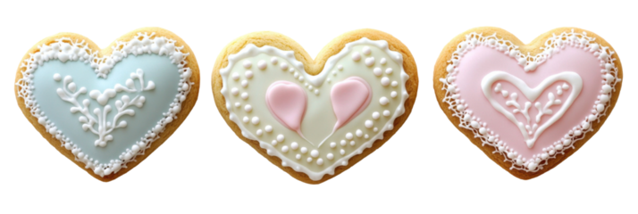 Three colorful heart-shaped cookies with decorative icing on transparent background png