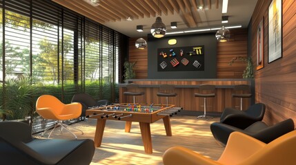 A modern living room with a foosball table, bar, and comfortable seating.