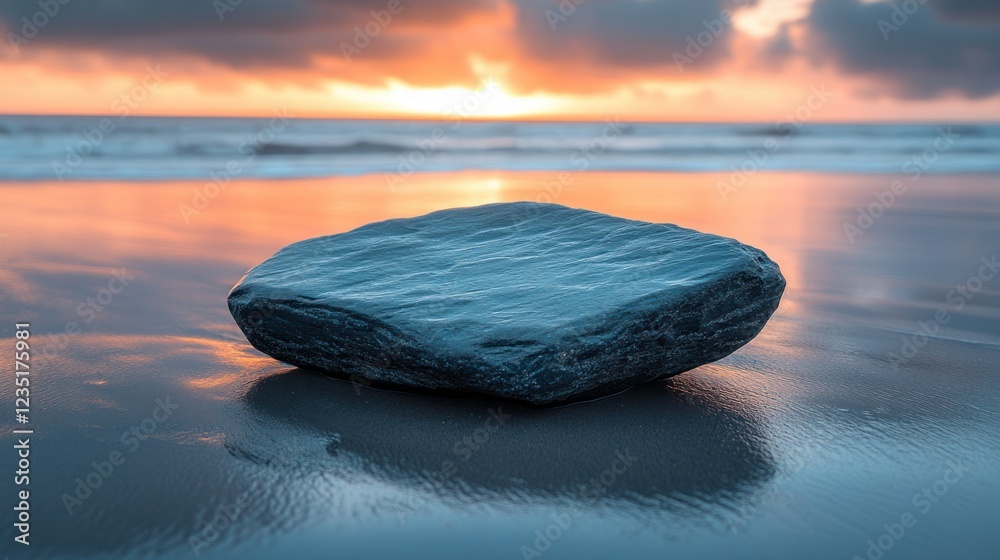 Poster Coastal rock at sunrise on sandy beach