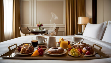 A sumptuous, warmly lit, cinematic photograph of a delectable breakfast spread laid out on a plush, white hotel bed, set against the backdrop of a luxurious hotel room with soft, golden curtains