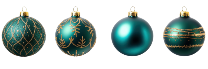 Set of four green christmas ornaments with gold designs on transparent background png