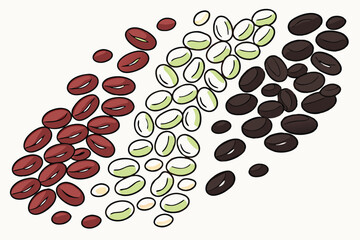  A photograph of a collection of various beans arranged in a row on a white background. From left to right red lentils, split peas, green peas, black beans, and kidney beans. The beans are spread out 