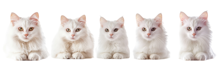 Row of five white turkish angora cats with fluffy coats and alert expressions png