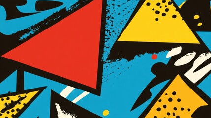 Colorful geometric shapes create a dynamic abstract design with contrasting colors on a bright blue background