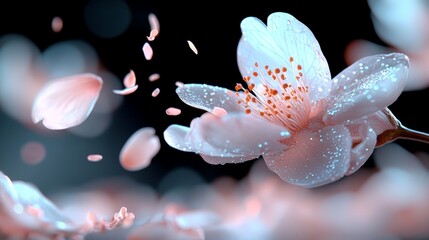 Close-up of delicate cherry blossoms in full bloom with falling petals and soft lighting