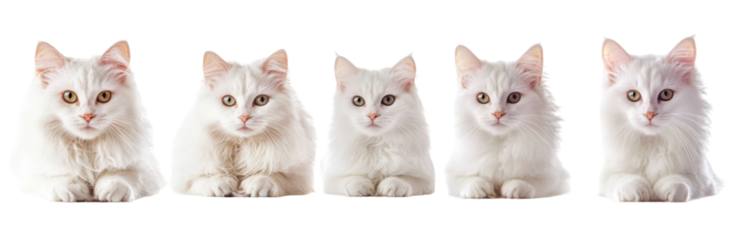 Row of five white turkish angora cats with fluffy coats and alert expressions png