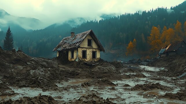A house buried halfway in mud after a landslide, symbolizing the destructive power nature.