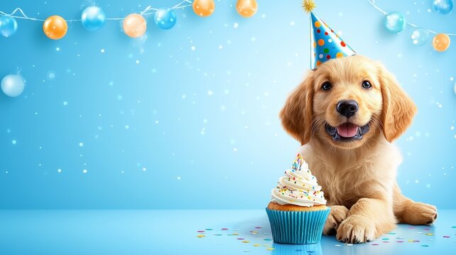 Golden retriever puppy celebrates birthday with cupcake and party hat - Powered by Adobe