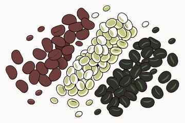  A photograph of a collection of various beans arranged in a row on a white background. From left to right red lentils, split peas, green peas, black beans, and kidney beans. The beans are spread out 