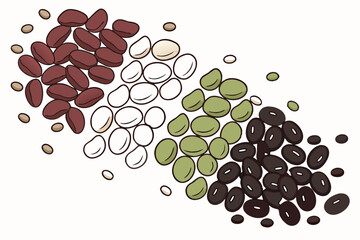 A photograph of a collection of various beans arranged in a row on a white background. From left to right red lentils, split peas, green peas, black beans, and kidney beans. The beans are spread out 