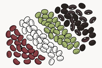  A photograph of a collection of various beans arranged in a row on a white background. From left to right red lentils, split peas, green peas, black beans, and kidney beans. The beans are spread out 