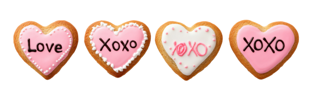 Heart-shaped valentine's cookies with love and xoxo messages in pink and white icing png