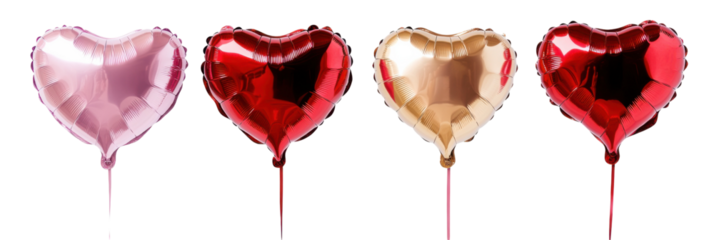 Heart-shaped metallic balloons in pink, red, and gold on transparent background png